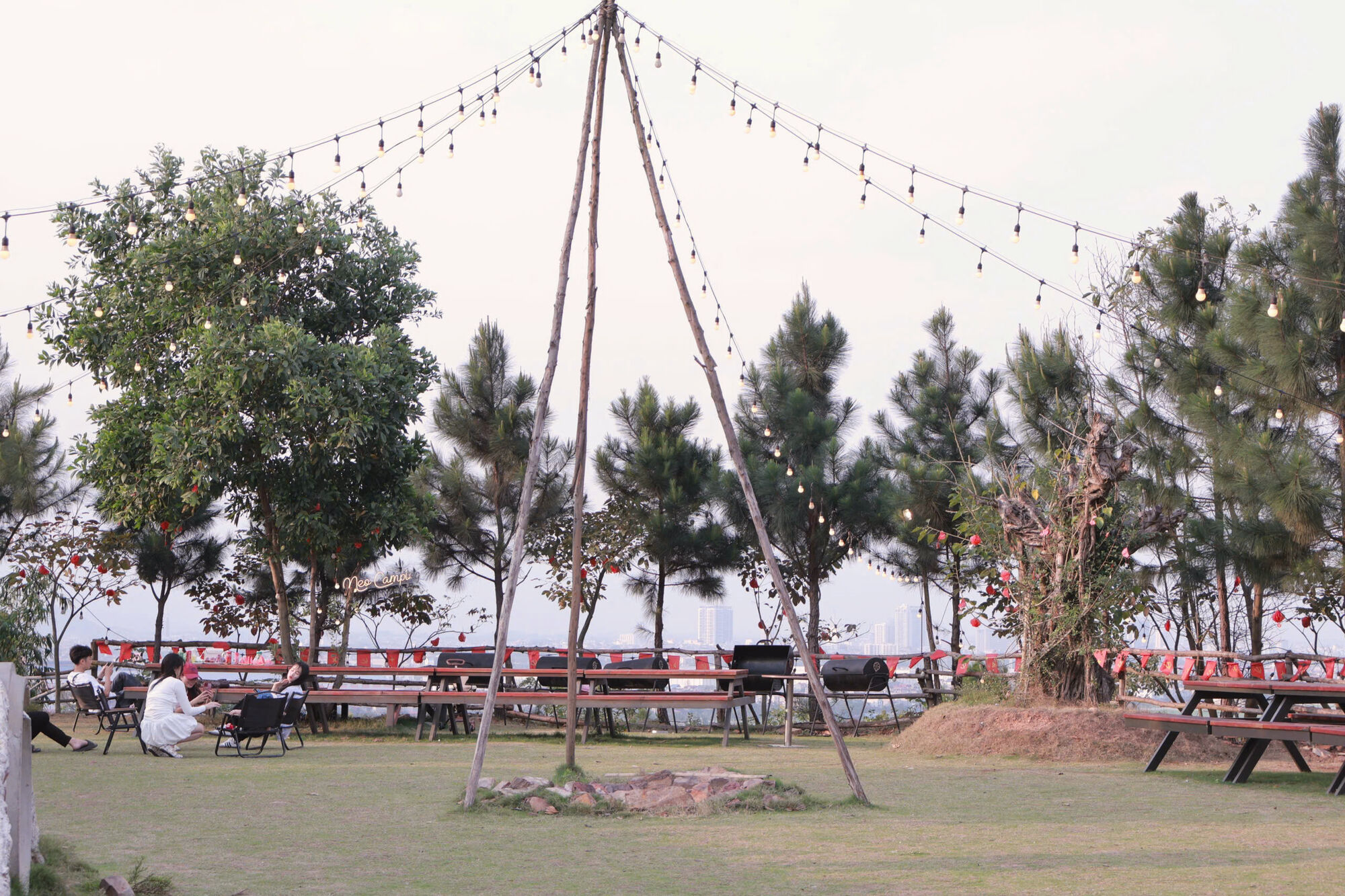 Neo Camping trên đồi với đèn dây và rặng thông, nhìn ra thành phố