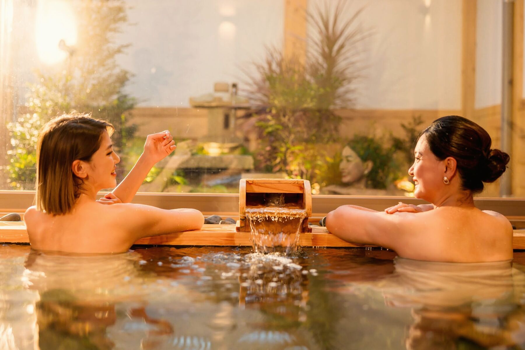 Bể ngâm khoáng Onsen mái vòm nhìn ra sân vườn tại Neo Garden